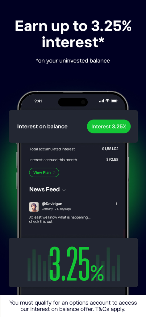 eToro mobile app screen showing 3.25 percent interest on uninvested cash balance.