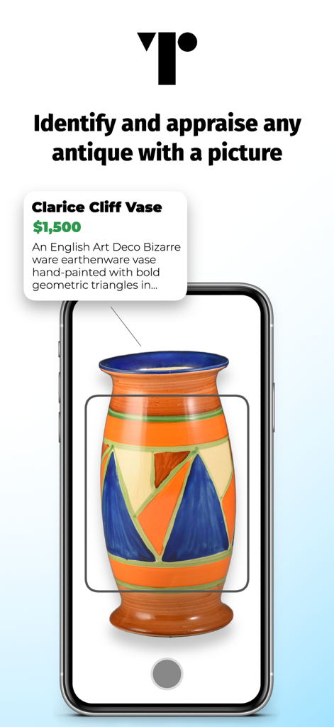 Antique Identifier by Trove - Captura de pantalla de la aplicación Trove identificando un jarrón antiguo de Clarice Cliff y proporcionando una tasación de $1,500