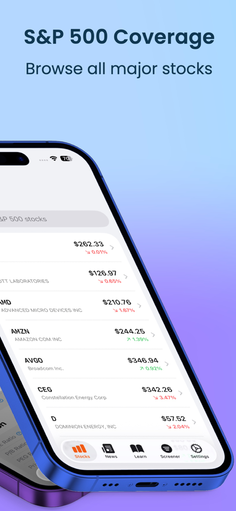 Stock Screener - AI Analysis - Interfaz de la aplicación Screener de Acciones que muestra una lista de acciones del S&P 500 con precios actuales y cambios porcentuales