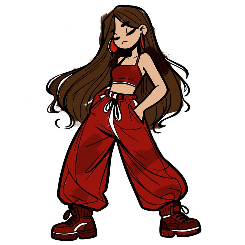 girl in baggy pants crop top and long hair