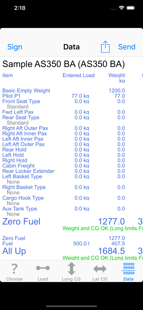 iBal Rotary - iBal Rotary 앱이 AS350 BA 헬리콥터의 중량 및 균형 계산을 보여줍니다.