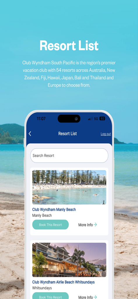 Pantalla del smartphone mostrando la Lista de Resorts en la aplicación Club Wyndham South Pacific con varios destinos de vacaciones en la playa.