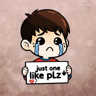 realistic crying boy with a sign saying just one like plz