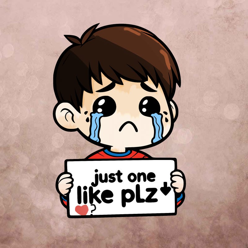 realistic crying boy with a sign saying just one like plz