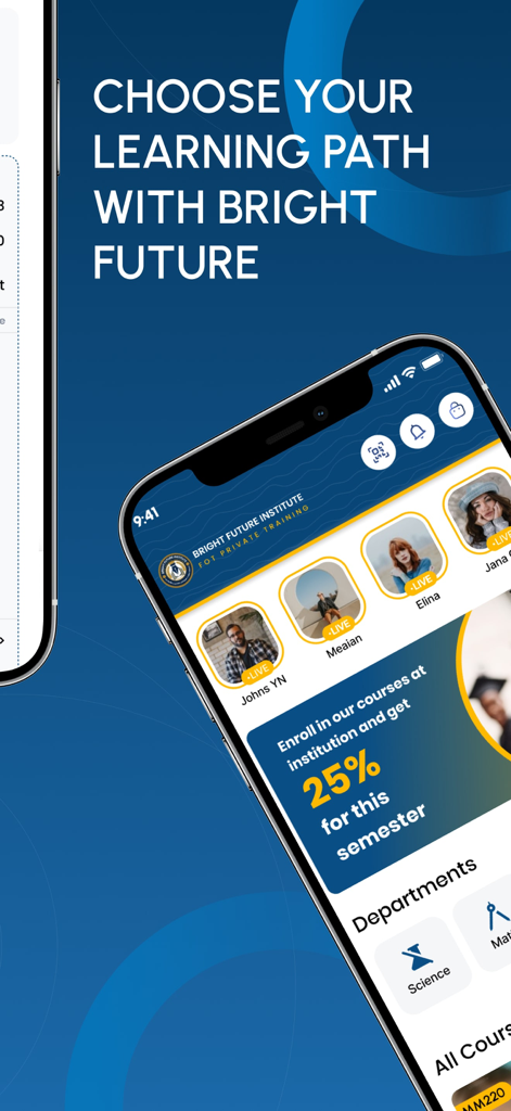 Bright Future education app interface showing course enrollment and learning departments