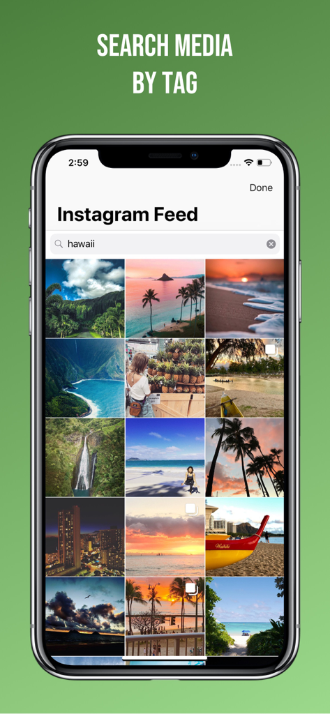 Interfaccia dell'app Easy Repost per Instagram che mostra una schermata di ricerca media per tag con risultati di foto relativi alle Hawaii