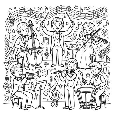 Let your little one explore the enchanting world of classical music with this vibrant coloring page featuring a full orchestra of adorable kid musicians. It's a perfect activity to spark creativity and introduce them to different instruments and the magic of an orchestra.