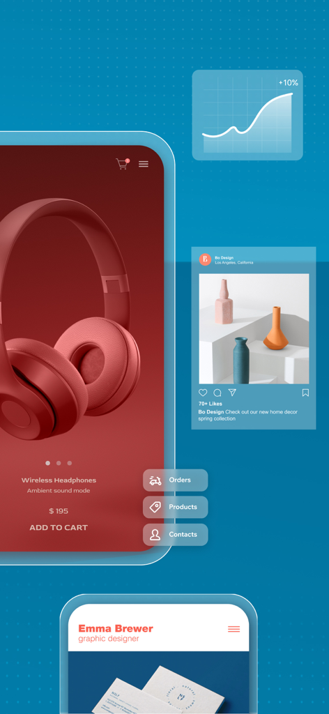Wix - Website Builder - Interface de l'application Wix montrant les outils de commerce électronique, la croissance des ventes et les fonctionnalités de conception professionnelles.