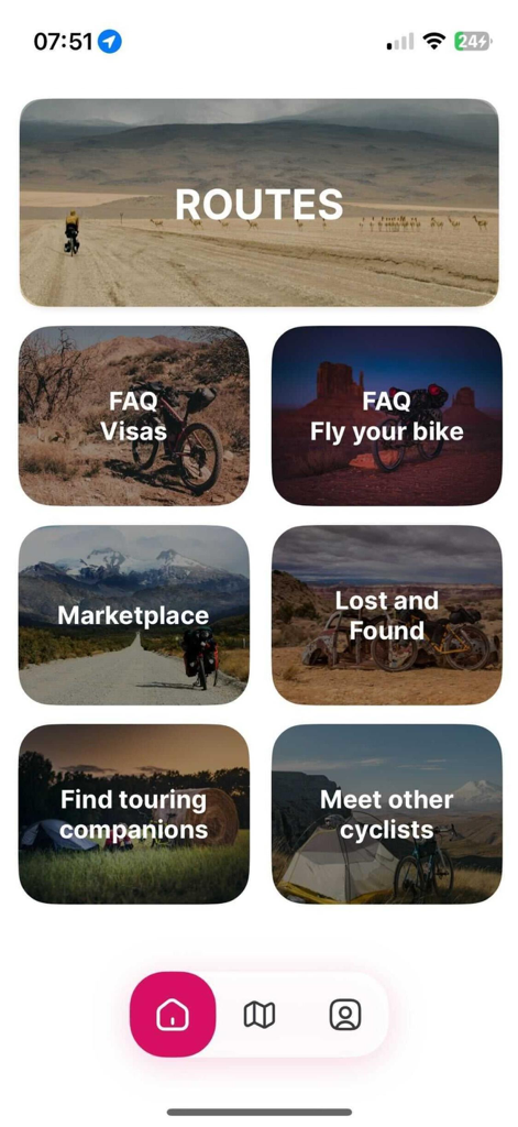 Rolling Around - Home screen of the Rolling Around app featuring bikepacking routes travel resources and community tools