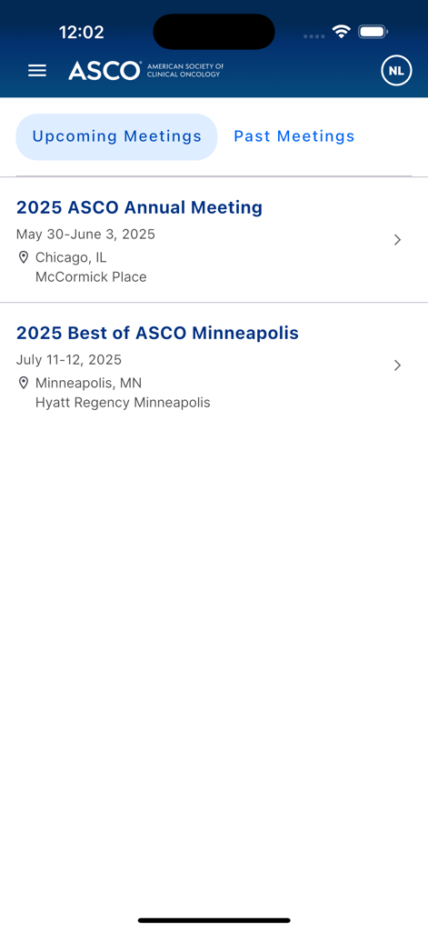 Uma lista de futuras conferências de oncologia na interface do aplicativo móvel ASCO Meetings.