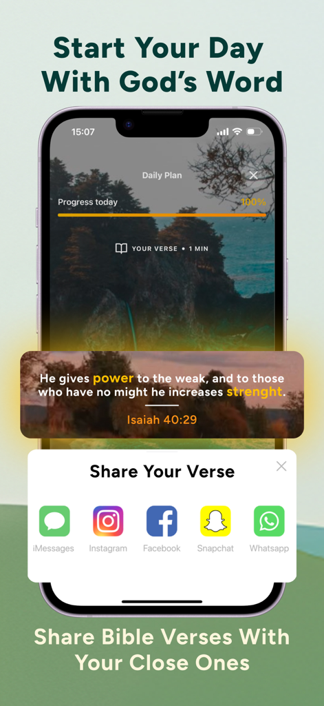 Condivisione di un versetto biblico quotidiano dall'app Bibbia Chat sui social media