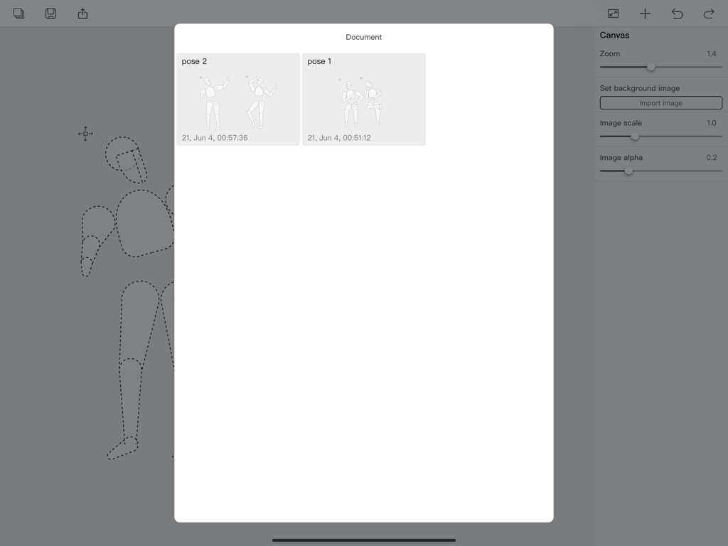 Character Draft - Schermata di gestione dell'app Character Draft che mostra pose di manichini salvate su un iPad
