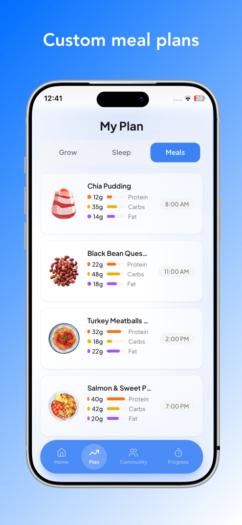 GoRise - Increase Your Height - A screenshot of the GoRise app showing a daily custom meal plan with nutritional macro tracking for protein, carbs, and fat.
