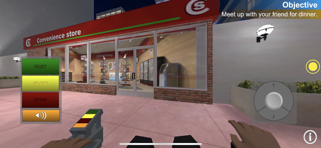 Wheelchair Mobility Experience - First person view from a motorized wheelchair in front of a convenience store with game controls on screen