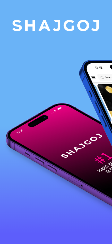 Shajgoj - Prévia do aplicativo de compras de beleza Shajgoj mostrando tela de introdução e interface de pesquisa em smartphones