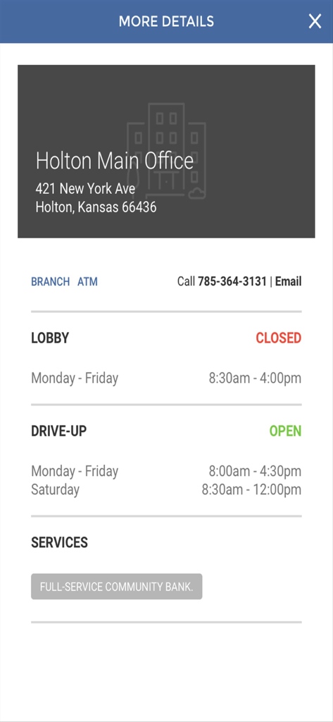 DSB Mobile - DSB Mobile App-Bildschirm mit Standort und Öffnungszeiten für die Hauptfiliale in Holton