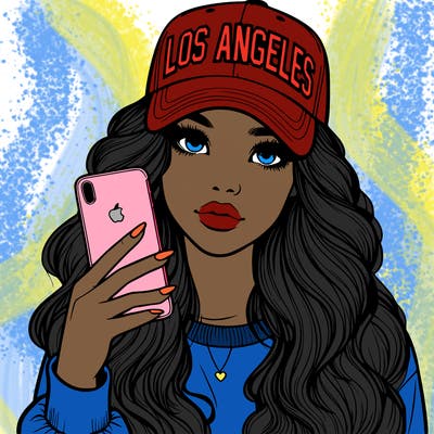 realistic beautiful girl wearing los ángeles cap holding an iphone