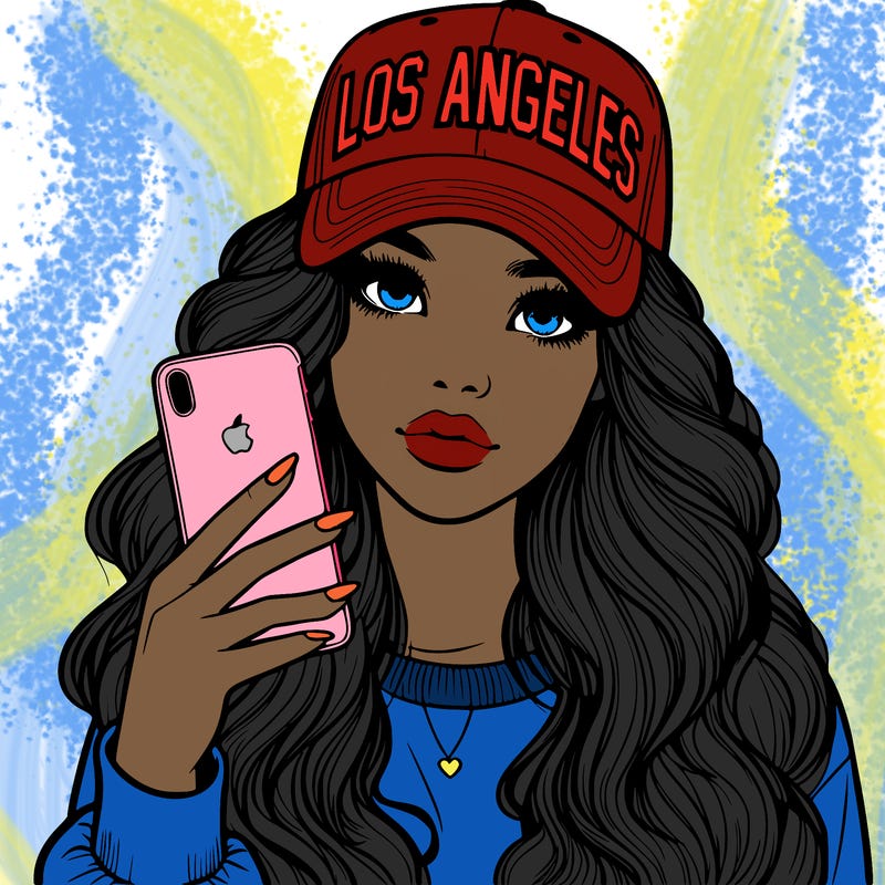 realistic beautiful girl wearing los ángeles cap holding an iphone
