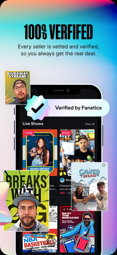 Fanatics Live app interface showing 100 percent verified sellers and live sports card breaks
