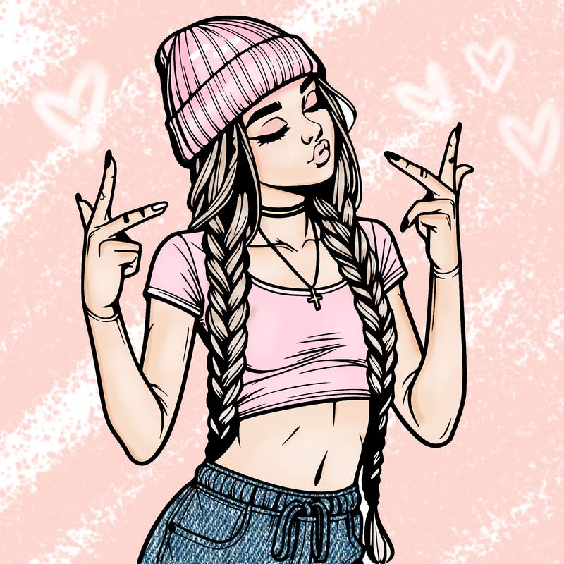realistic teenage girl with braids and a beanie and crop top doing 🫶🏼