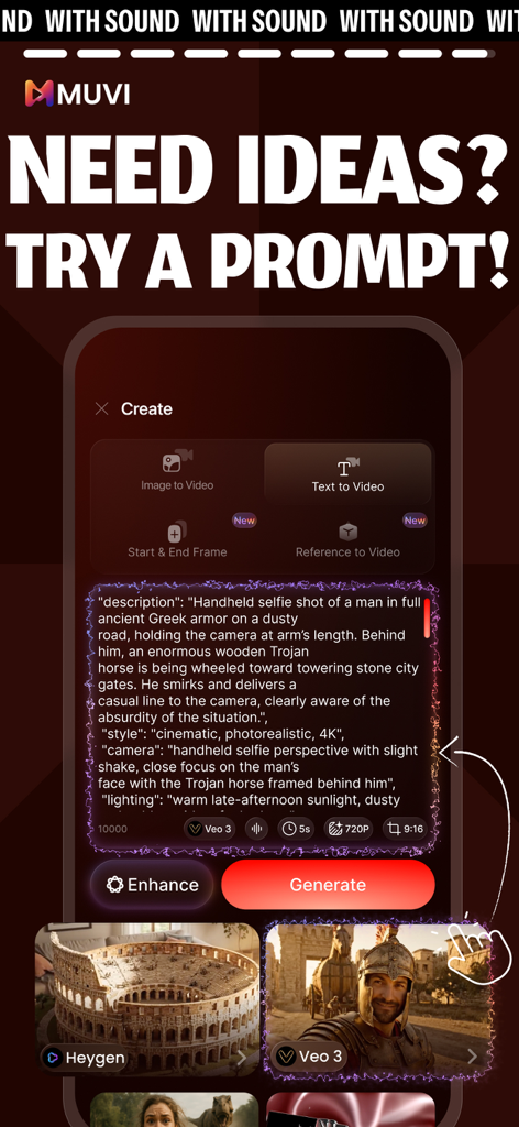 AI Video Maker & Editor - Muwi - Muwi app interface showing the text-to-video feature with a detailed prompt for generating an AI cinematic scene.