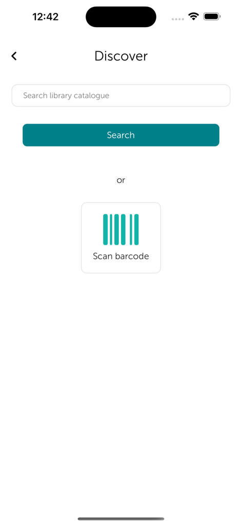 Spydus Library app Discover screen with search bar and barcode scan button