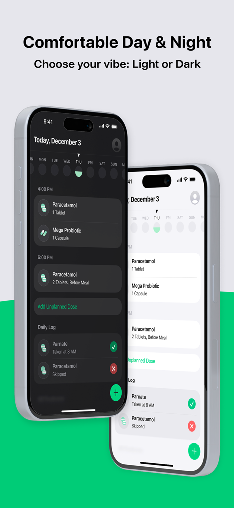 Pill Reminder for Family - Interface do aplicativo Pill Plan mostrando cronogramas de medicação em temas claros e escuros em dois iPhones.