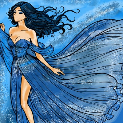 realistic woman in dress flowing the the wind