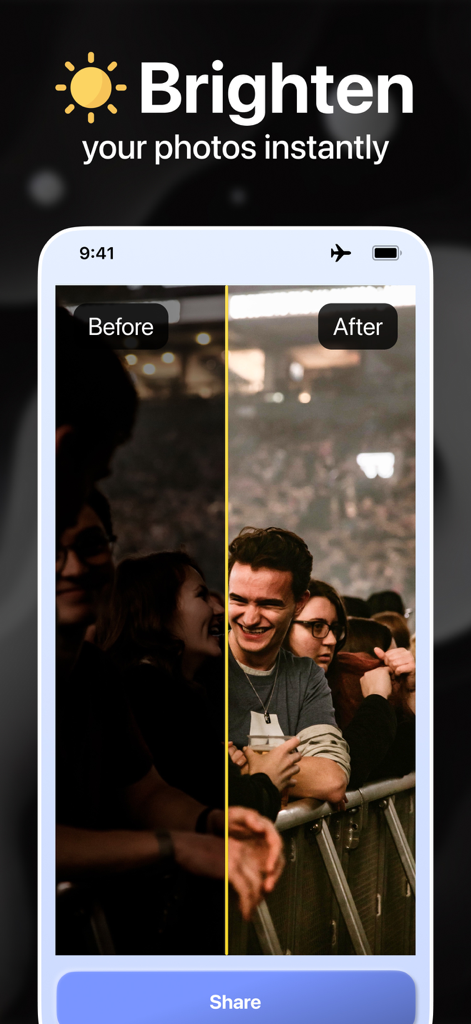 Before and after comparison of a dark group photo being brightened with AI