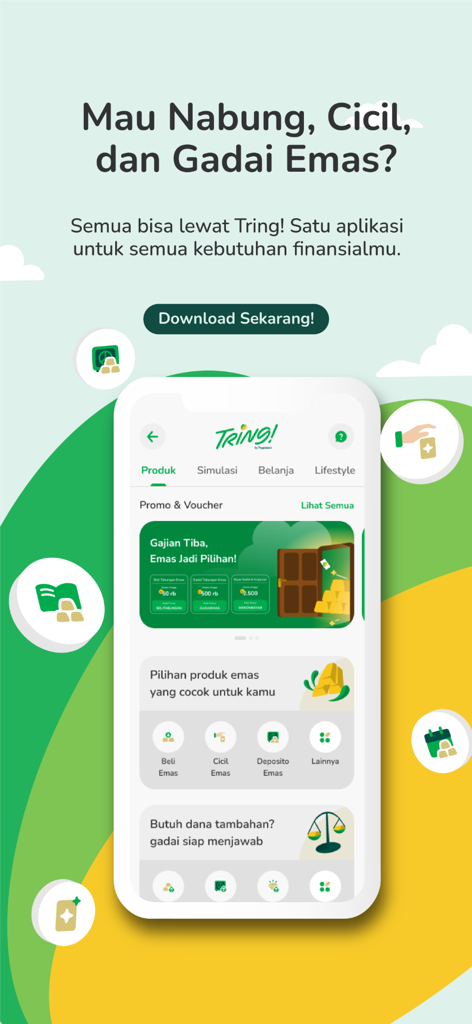 Tring! by Pegadaian mobile app interface for gold savings, installment, and pawn services.