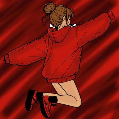 realistic girl jumping with a bun and oversized sweatshirt