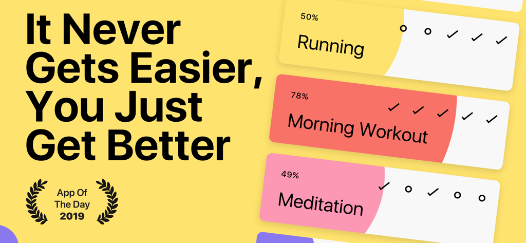 Habit — Daily Tracker - Minimalistische Oberfläche eines Gewohnheitstrackers mit einem motivierenden Zitat und prozentualen Erfolgsquoten für tägliche Ziele