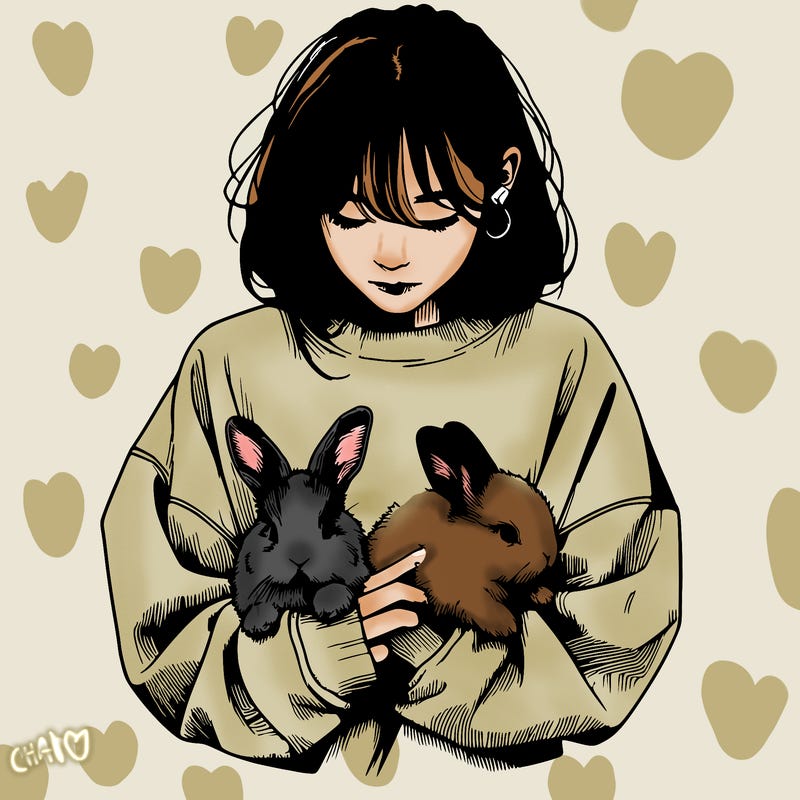 realistic girl with messy bunny baggy sweatshirt and holding bunnies