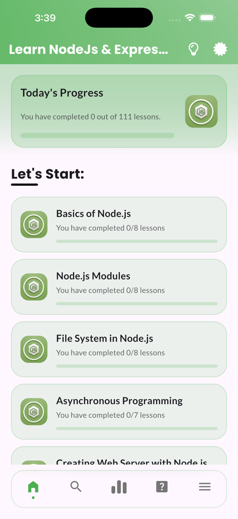 Learn NodeJs & ExpressJs - Uma interface de aplicativo móvel exibindo o currículo do curso Node.js e Express.js com acompanhamento de progresso para vários módulos de aprendizado