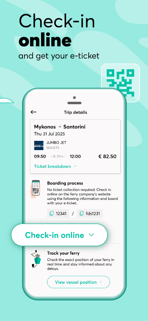 Ferryhopper - Interfaz de la aplicación Ferryhopper que muestra detalles de check-in en línea y billetes electrónicos para un viaje en ferry