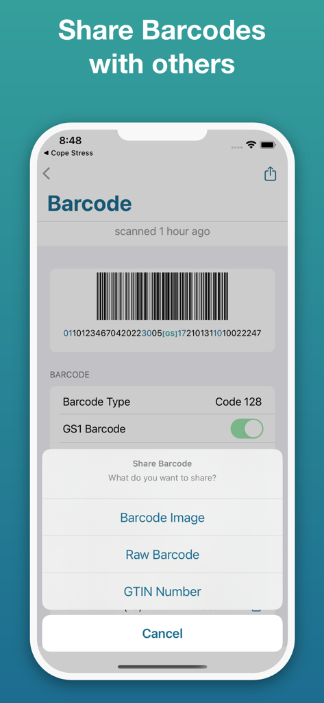 A mobile screen showing options to share a GS1 barcode as an image raw data or GTIN number