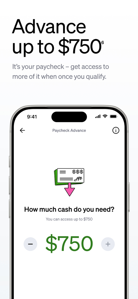 Current mobile banking app screen showing a paycheck advance of up to 750 dollars.