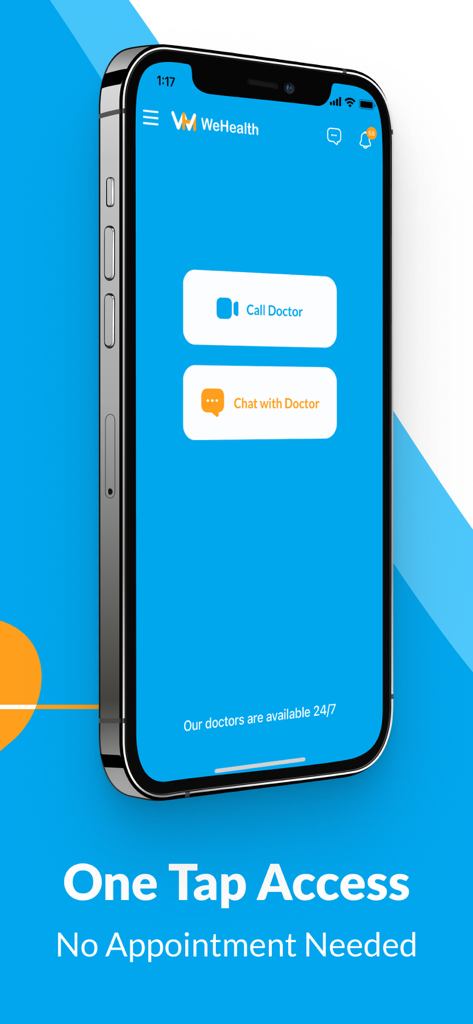 WeHealth Telehealth - WeHealth App-Oberfläche zeigt Optionen zum Anrufen oder Chatten mit einem Arzt rund um die Uhr ohne Terminbedarf.