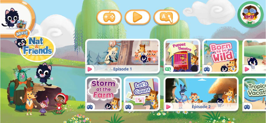 Kangi Club - English For Kids! - Menú principal de la aplicación Kangi Club que muestra varios juegos educativos de aprendizaje de inglés para niños