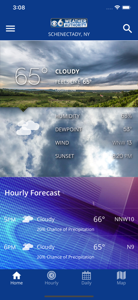 Interfaccia dell'app WRGB CBS 6 Weather Authority che mostra le condizioni meteorologiche a Schenectady, New York