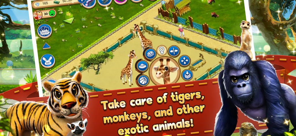 My Free Zoo Mobile - Gameplay screenshot of My Free Zoo Mobile showing giraffes in an enclosure with animal care interaction icons
