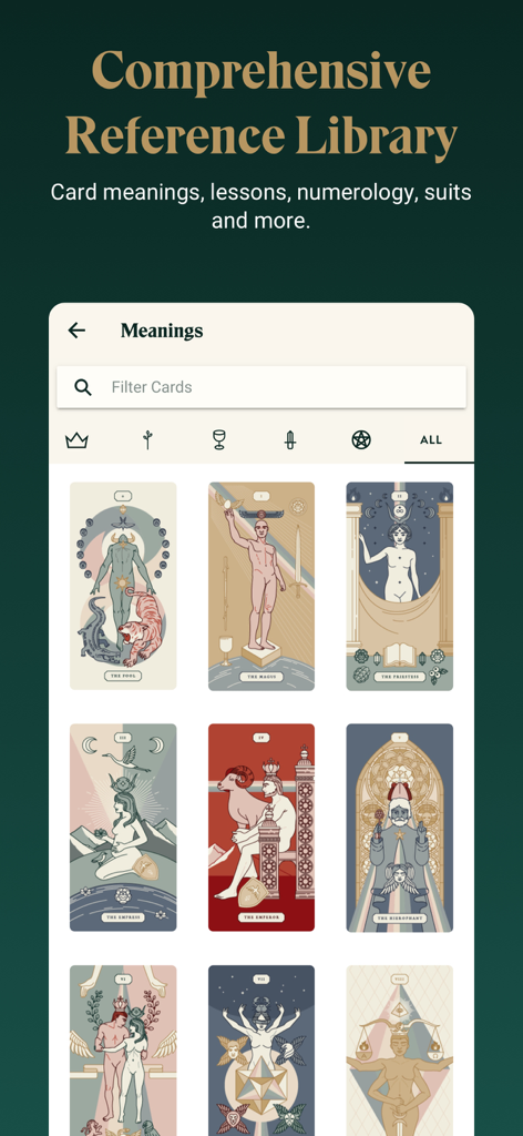 Labyrinthos Tarot app comprehensive reference library showing a grid of tarot cards and their meanings.
