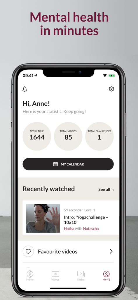 The YogaStream app user dashboard showing yoga practice statistics and recently watched videos.