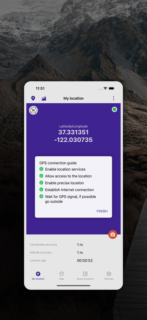 My Altitude and Elevation GPS - My Altitude and Elevation GPS app screen showing latitude and longitude with location accuracy data