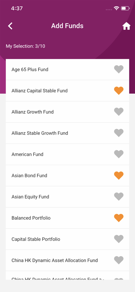 MPF Fund Platform - Interface of the MPF Fund Platform showing a list of investment funds and a selection counter.