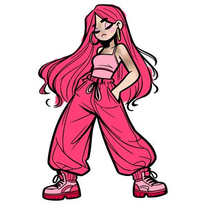 girl in baggy pants crop top and long hair