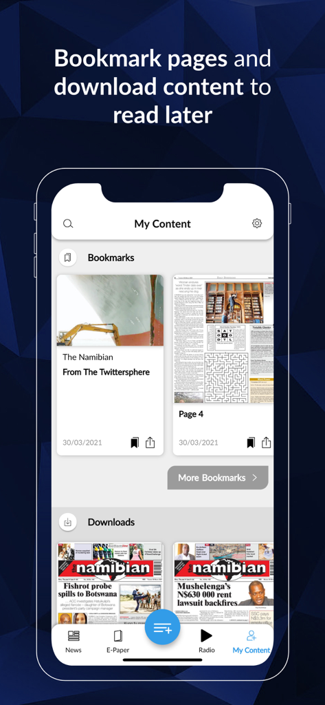 Screen from The Namibian app displaying bookmarked articles and downloaded newspaper editions for offline reading