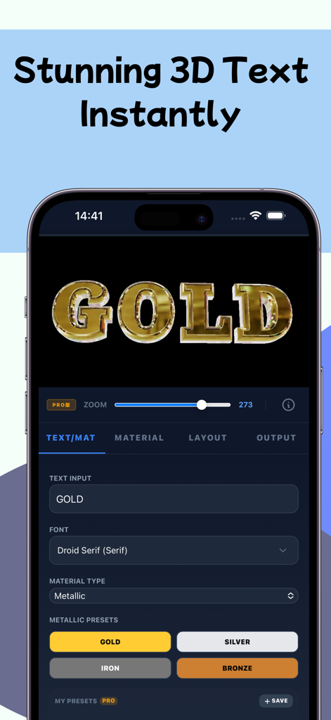 3D Text Lab - 3D Logo Maker - Interface of the 3D Text Lab app showing a 3D gold text design with metallic material presets