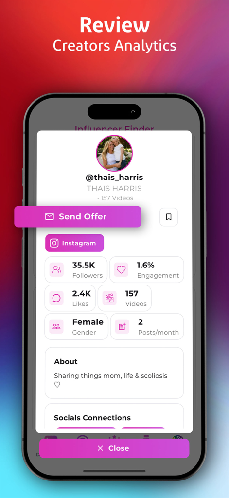 Jem: Turn Content Into Cash - Mobile app interface of Jem Social showing a creator profile with follower counts engagement rates and a button to send a campaign offer