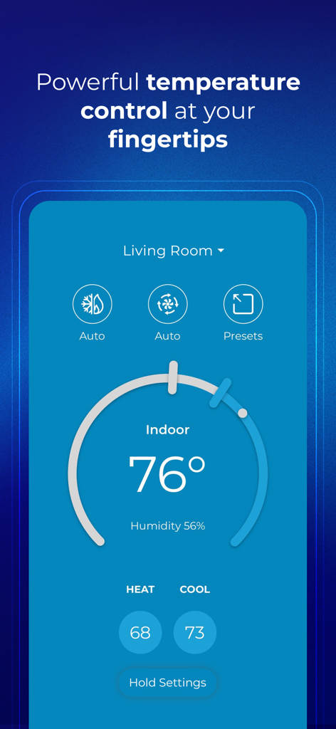 MRCOOL SmartHVAC - Interface of the MRCOOL SmartHVAC app displaying living room temperature and humidity settings